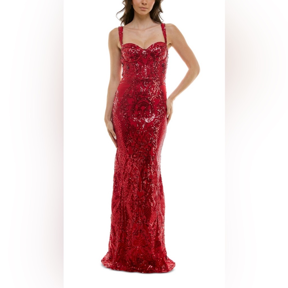 B. Darlin Juniors Red Sequinned Bustier Evening Gown, Size 9/10